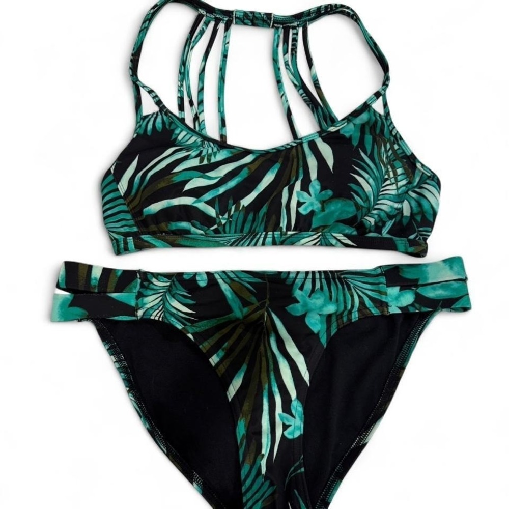 Jag Womens Tropical Palm Leaf Bikini Set Green Black Strappy Caged Back Medium